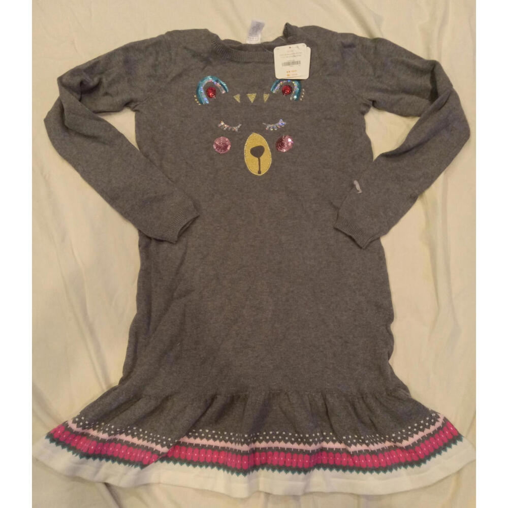Gymboree Girl's Size XL 14 Gray Fair Isle Sweater Dress Sequin Ice Dancer Bear